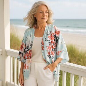 🌸Floral Kimono Cardigan – Lightweight Sheer Layer – Pastel Garden Print – XL